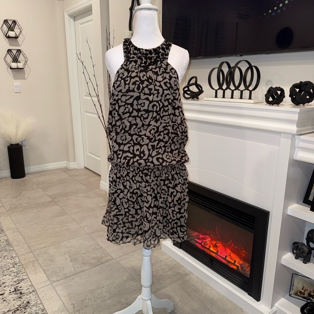 NWT INC International Concepts Black and Tan Mini Dress 100% Silk Size 10